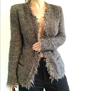 IRO Coffey Brown Boucle Mohair Wool Fringe Trim Shaggy Open Front Jacket 42 10